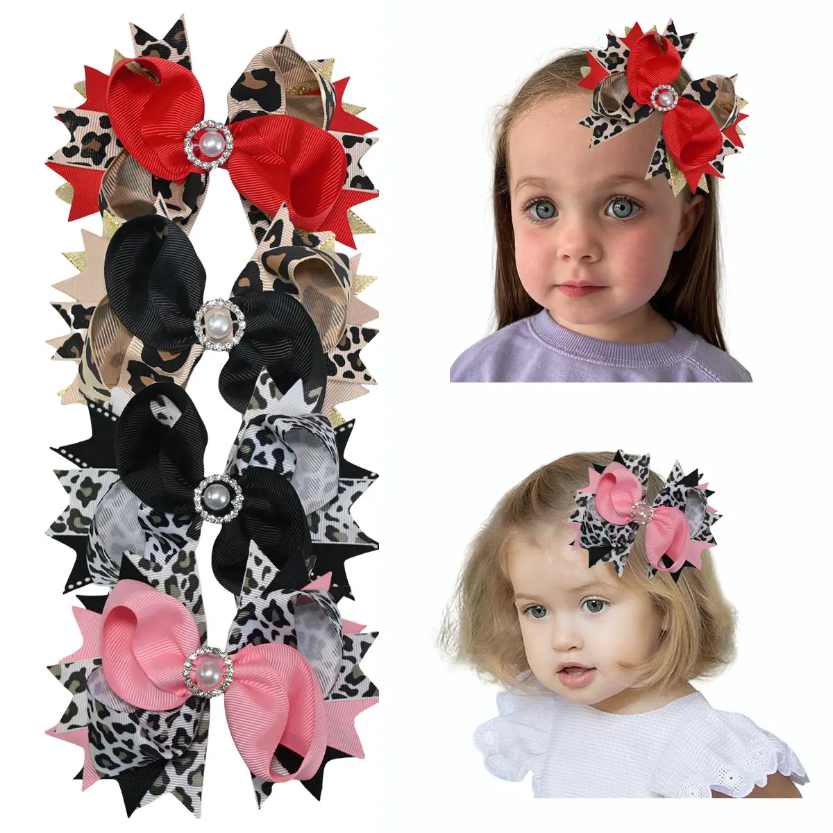 4pcs 5-inch Leopard Print Layered Bow Hair Clips, girls' hair accessories, lively and cute, perfect for little girls, parties, and Valentine's Day gifts.#Summervibes