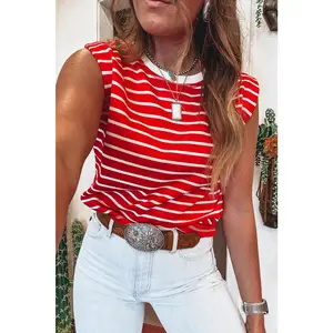 Red Stripe Ribbed Round Neck Trim Loose Tank Top
