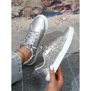 Women’s street-trend glitter low-top sneakers, trendy lace-up sneakers for work, fashionable sequin-decorated sports shoes for daily wear, fashionable casual sneakers