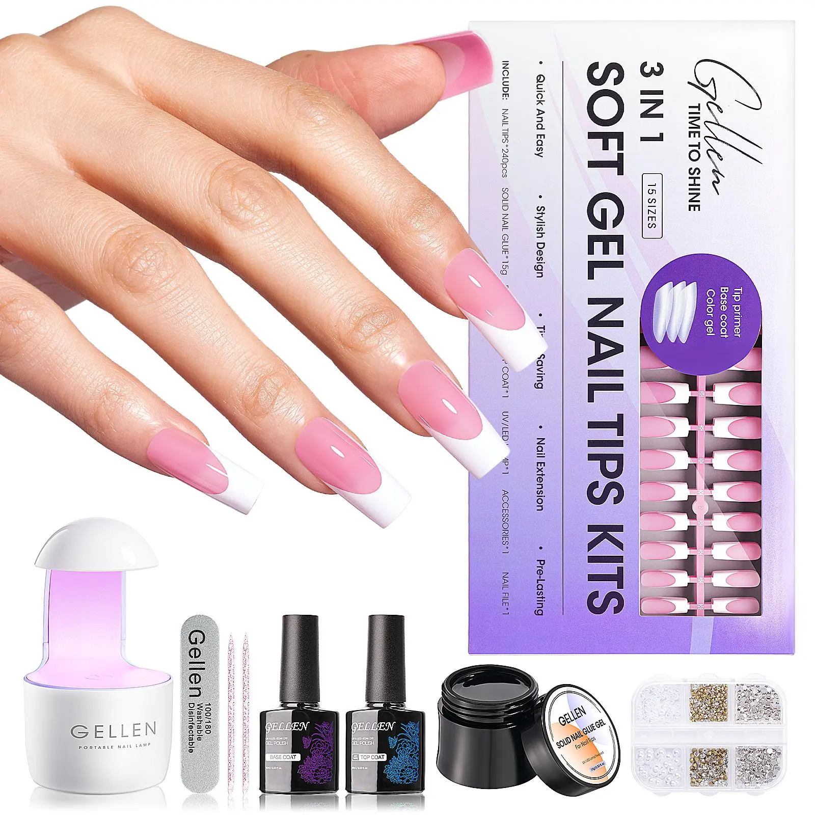 Gellen Gel X Nails Kit - 240pcs Square French Tip Press On Sets with Glue, Polish, UV Lamp, Base Coat, Top Coat for Flawless Nail Art, Nail Glue