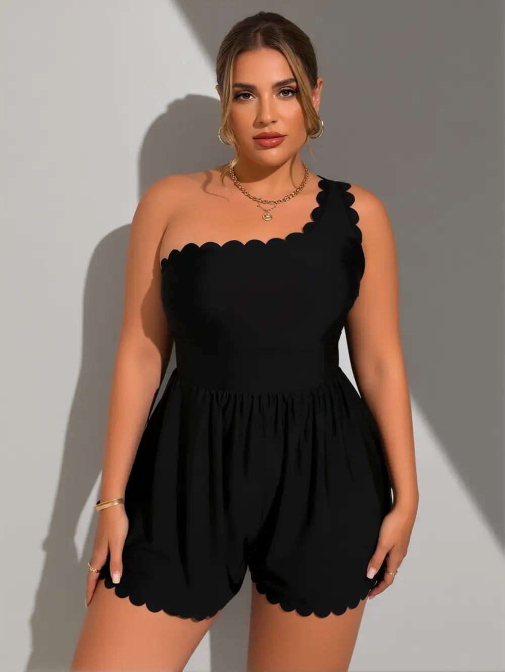 Women's Plus Size Solid Black 1-Shoulder Swim Romper - Scallop Trim Neckline & Hem, High Waist Tummy Control Skirted 1-Piece Bathing Suit with Built-In Shorts, 4XL Large Size Polyamide, Curves Done Right Summer Sports Swimwear