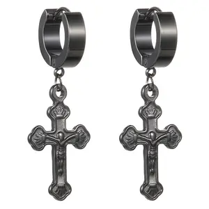OIDEA Cross Huggie Earrings with Religious Inspired Cross Pendant, Stainless Steel Jewelry for Unisex, Retro Hip Hop Styling