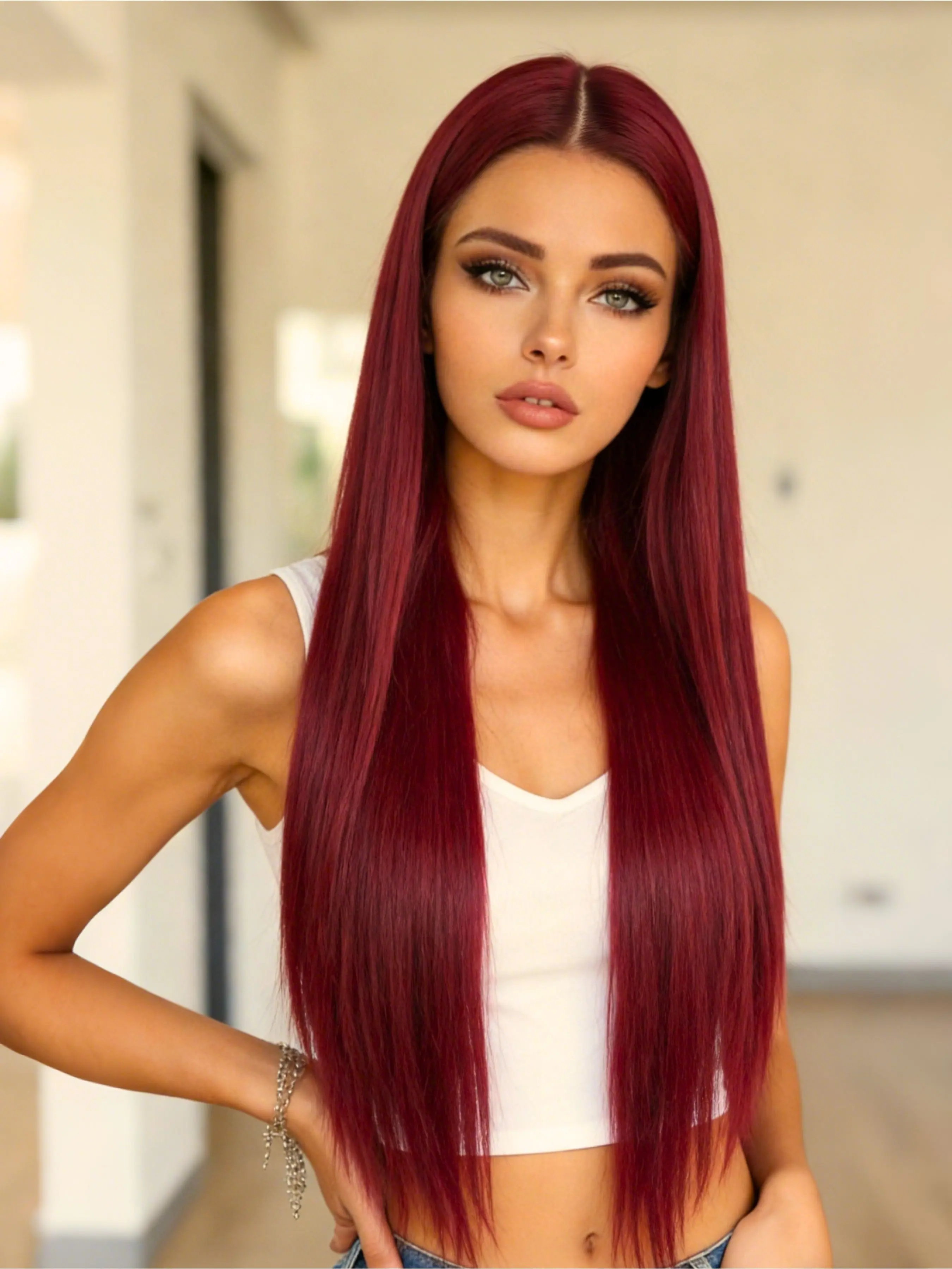 Burgundy Red Wine Straight Lace Front Wig 32 Inch Heat Resistant Synthetic Hair 13x4 HD Transparent Lace Free Part Pre Plucked Natural Hairline for Women, Natural Looking Wigs Frontal Lace Wigs