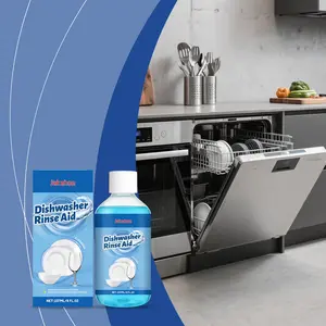 Dishwasher rinse aid Household dishwasher cleaning agent removes stains and grease, making plates and kitchenware clean and shiny