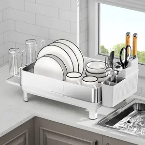 Dish Drying Rack 304 Stainless Steel Kitchen Organizer with Automatic Drainage, Utensil Holder & Cups Holder, Space Saving Design - Grey