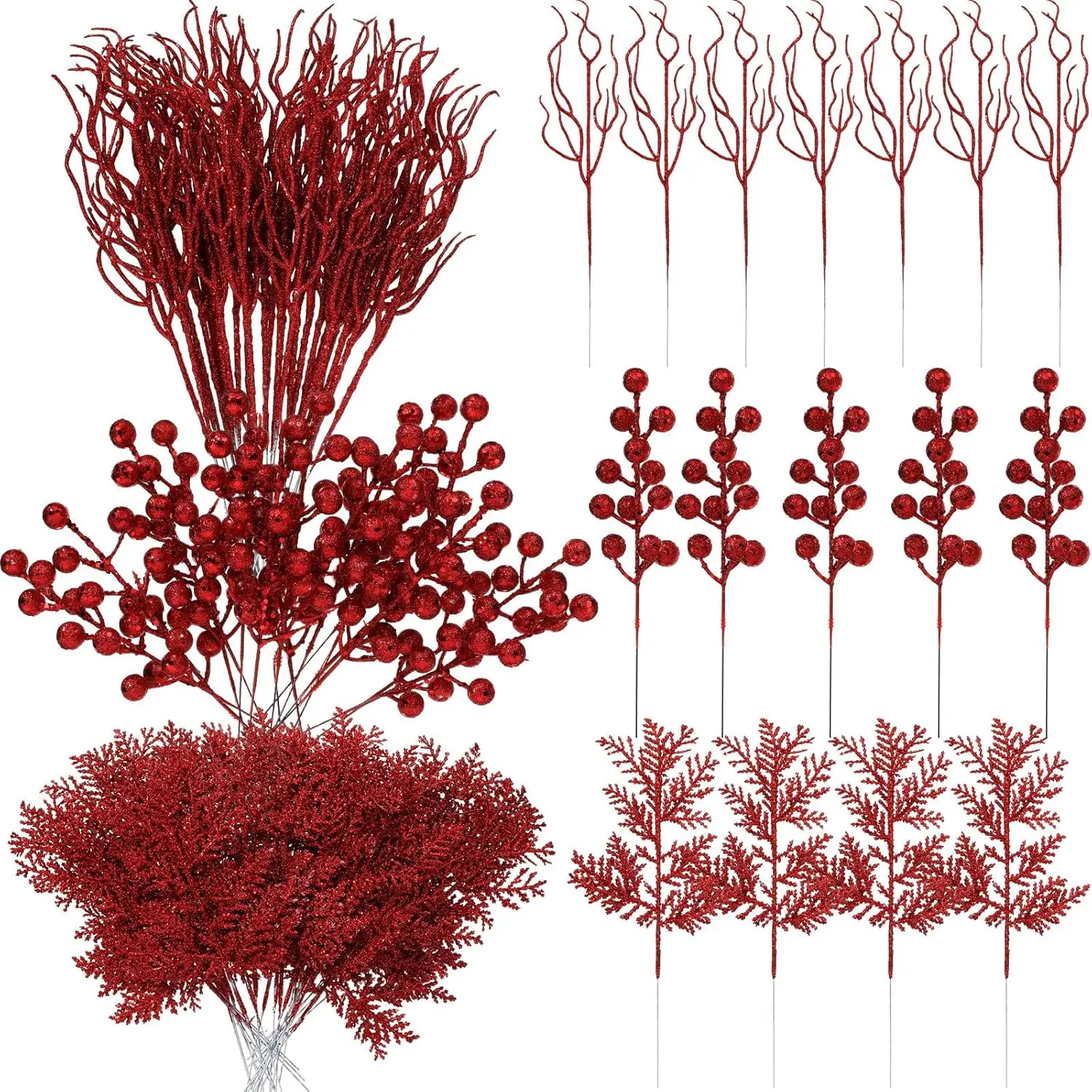 75-Piece Shiny Red Christmas Glitter Branches (3 Styles) - Artificial Berries, Pine Needles Floral Twig Sprays for Xmas Tree Decor, DIY Wreath/Garland, Vase Arrangements, Festive Gift, Berry, Wedding