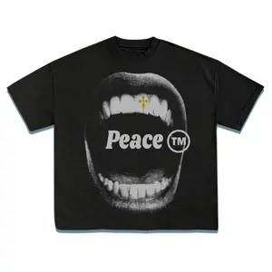 Vintage Bold Statement Peace Graphic T-Shirt with Artistic Mouth Print, Retro Style Graphic Tee for Women, 100% Cotton Unisex Crewneck Short Sleeve, Expressive Art Streetwear Top, Summer Casual Outfit, Statement Fashion Shirt