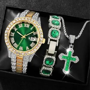 Hip-Hop Diamond-Studded Quartz Watch Sugar Cube Crystal Bracelet Cross Necklace  Three-Piece  trendy multifunctional outdoor sport reloj analogic stainless steel micro brand green luxury gift set field casual business binbond analog exquisite waterproof