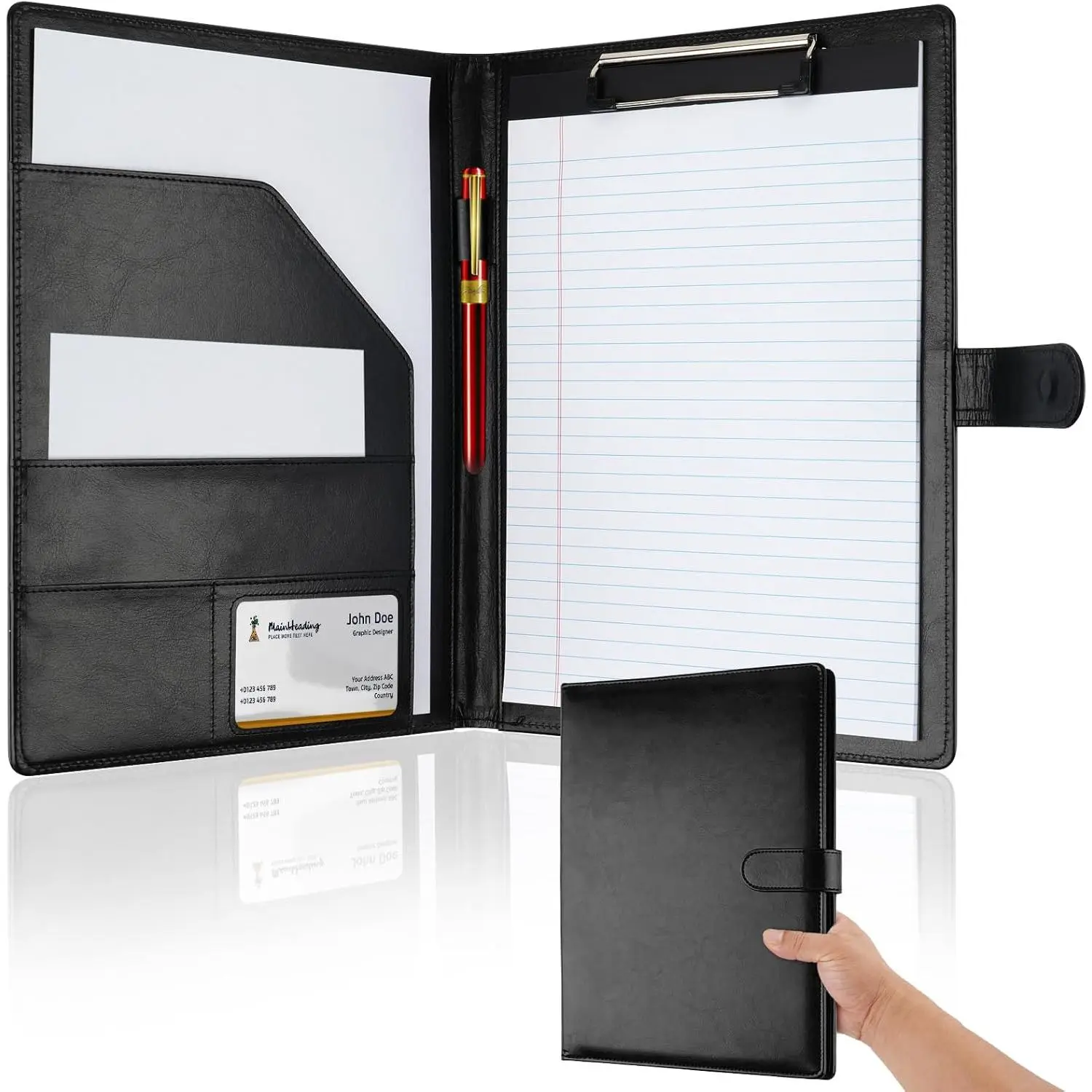 Black Faux Leather Professional Padfolio - Clipboard Binder, A4/Letter Size Holder for Notepad, Resume, Writing Pad, Ideal Business Office Organizer