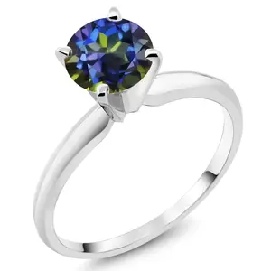 Gem Stone King 14K White Gold Blue Mystic Topaz Solitaire Engagement 4-Prong Ring For Women | 1.00 Cttw | Round 6MM | Gemstone Birthstone