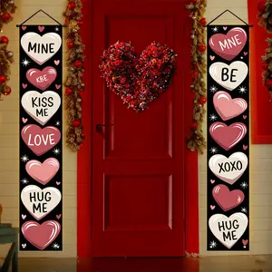 2D plan, 1 pair of Valentine's Day love themed porch banners - romantic phrases and heart-shaped design, durable polyester door decoration, suitable for indoor and outdoor use, perfect for anniversaries, weddings, family backgrounds