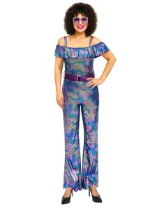 Womens 70s Disco Jumpsuit Costume, Retro Outfit for Halloween Themed Dance Party