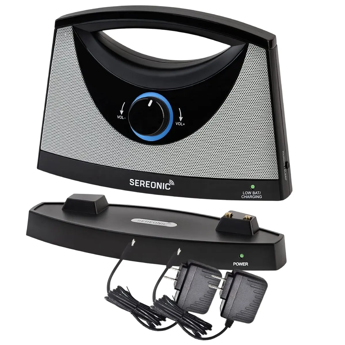 Sereonic Wireless TV Speaker Deluxe - Adjustable Handle, Digital Audio Receiver, Rechargeable Batteries, Charging Support, Multiple Connection Options, Extra Power Adapter & Cable
