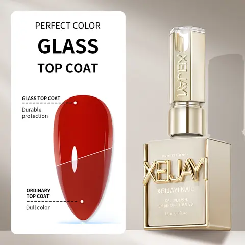 XEIJAYI 1PC 15ML TPO-HEMA Free Glass Top Coat Bottle, Liquid Long Wearing Wash-Free Super Glossy Seal Layer, Reinforcement Phototherapy Gel, DIY Nails at Home Supplies, LED-UV Compatible Nail Polish Base & Top Coat