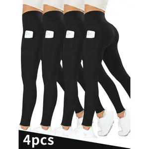 Women's High Waist 4-Pack Black Yoga Pants with Pockets, Tummy Control & Shaping for Gym Workout Running, Baggy Fit Casual Lounge Leggings