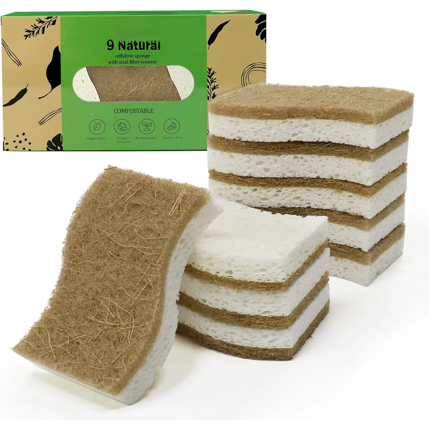 9 Pack Biodegradable  Kitchen Sponge - Compostable Cellulose and Coconut Walnut Scrubber Sponge -  Sustainable Sponges for Dishes