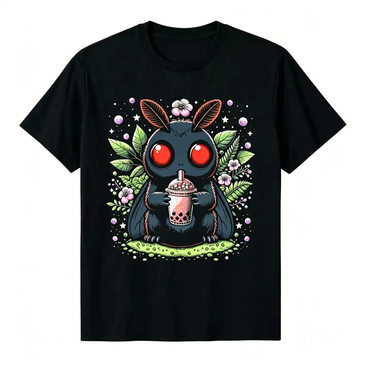 Men's 2026 Premium Combed Cotton Streetwear Round Neck Short-Sleeve T-Shirt - Mothman Boba Tea Kawaii Graphic, Unisex Boxy Fit, Dropped Shoulder, Heavyweight, Essential Clean Casual Menswear Top, Tshirt, Shortsleeve, Fabric, Oversized Drop Shoulder, Kawai