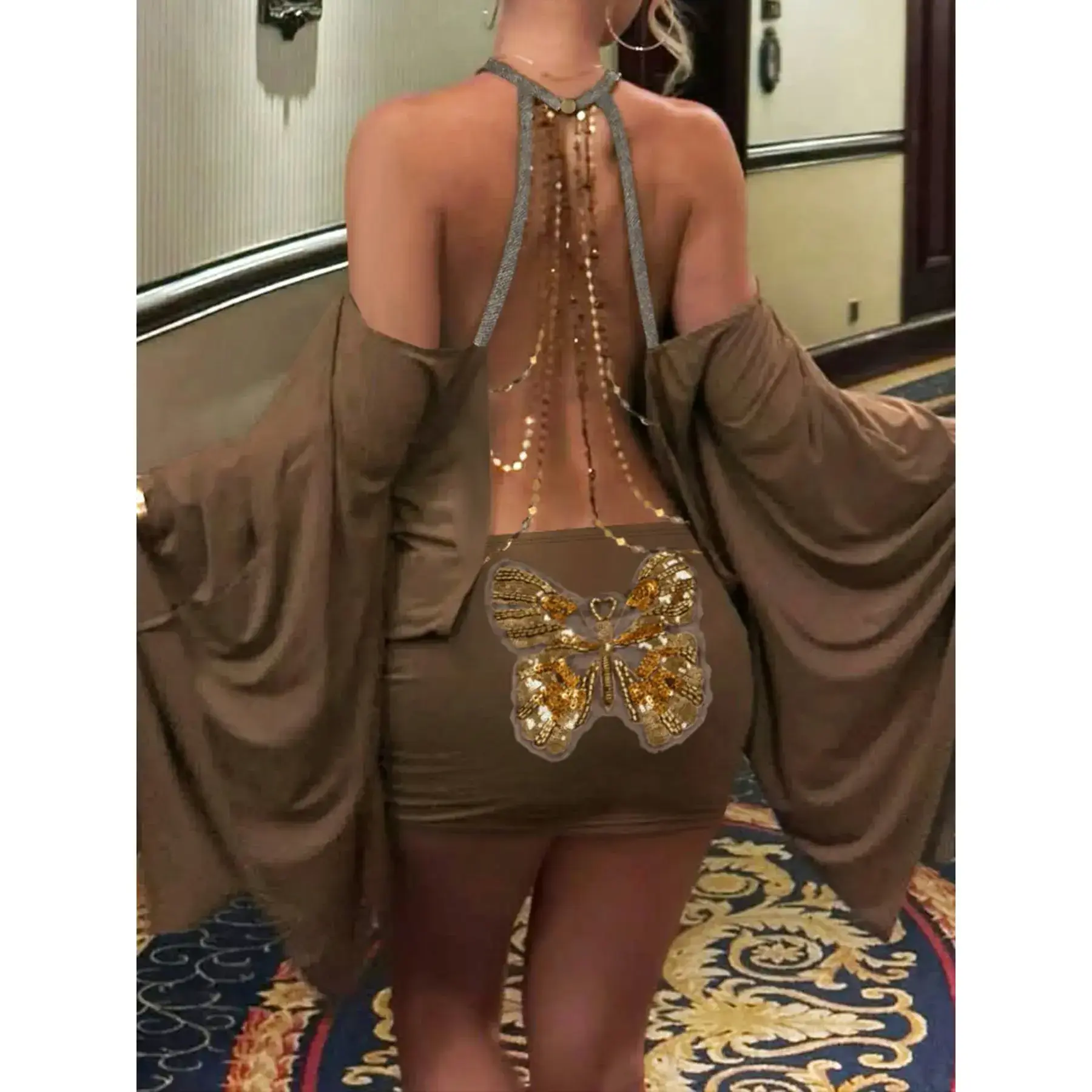 princess polly baby blue dress Butterfly Chain Backless Sexy Dress Batwing Sleeves Spring Summer Grunge  Party Y2K Vintage Bodycon Short Sundress Women