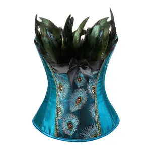Elegant Peacock Pattern Overbust Corset for Women Vintage Style Lace-up Corset Details Dark Blue Satin and Polyester Material Funny Halloween Costume Non-Stretch Fabric Feathers Womenswear
