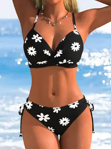 Women's Daisy Print Bikini Set, Sexy V-Neck Adjustable Straps, Side Tie Swimwear, Summer Beach Vacation Two-Piece Swimsuit, Floral Print Bikini
