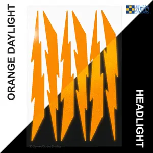 6 Orange Lightning Bolts Reflective Decal Set, Six Lightning Bike Frame Reflector Stickers Kit, Motorcycle Helmet Transfers Sheet / #674R-Orange