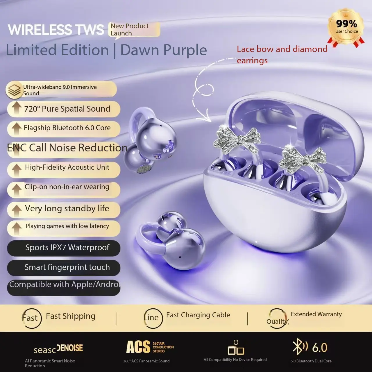 Limited Edition Purple Clip-On Earbuds with Diamond Bow, Fashion Wireless EarphonesBlue tooth
