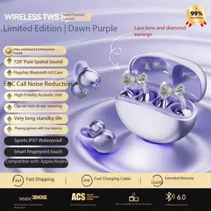Limited Edition Purple Clip-On Earbuds with Diamond Bow, Fashion Wireless EarphonesBlue tooth