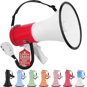50W Megaphone Bullhorn - Portable, Automatic Siren & Adjustable Volume, Projection Range Up to 1200 Square Yards, Aux Input, Talk, Siren, Music, Whistle, & Record, Shoulder Strap (Black)