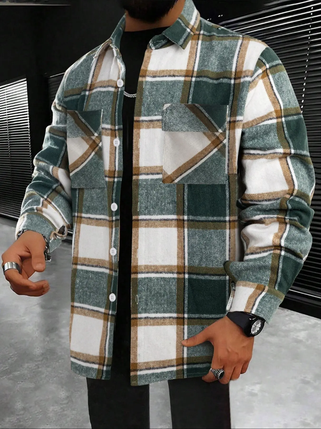 Men's Plaid Checked Print Button Front Pocket Shirt, Regular Fit Casual Long Sleeve Collared Top for Fall & Winter, Men's Clothes for Daily Wear, Menswear, Casual Fashion Shirt