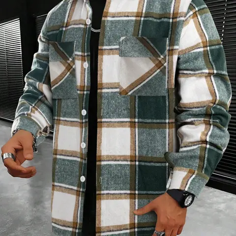 Men's Plaid Checked Print Button Front Pocket Shirt, Regular Fit Casual Long Sleeve Collared Top for Fall & Winter, Men's Clothes for Daily Wear, Menswear, Casual Fashion Shirt