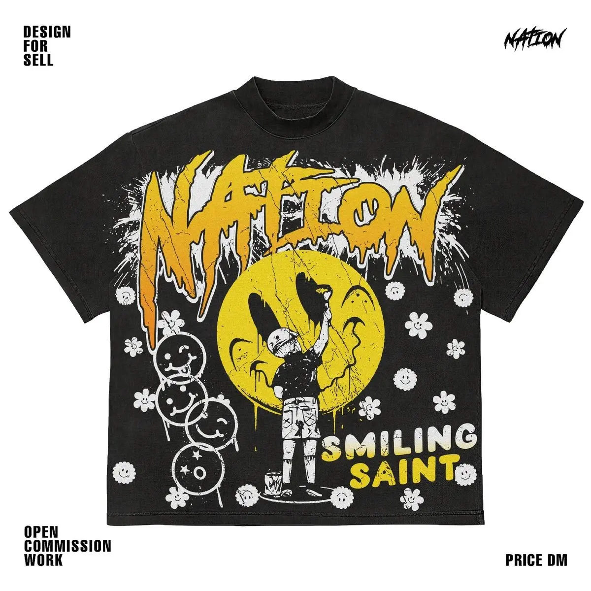 Y2K Streetwear Smiling Saint Graffiti Artist Graphic Tee - Unisex Heavyweight Cotton Oversized Black T-Shirt, Premium Screen-Printed Retro Grunge Tee, Perfect Aesthetic Gift