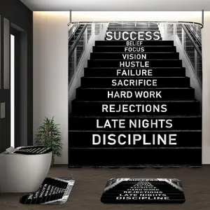 Success Motivational Slogan Pattern Bathroom Decor Set, Shower Essentials, 1 Set Including 1 Shower Curtain, 1 Bath Mat, 1 U-shaped Mat, 1 Toilet Lid Cover, 12 Hooks