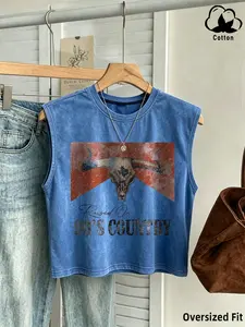 Viral Western Country Tank Top for Women，Raised On 90’s Country Bull Skull Graphic Crop Top,Washed Cotton Oversized Sleeveless Muscle Tee,Casual Blouse, Perfect for Country Music Concert, Rodeo, Outdoor Festival & Daily Streetwear, Womenswear