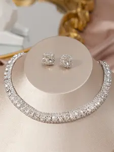 Luxury Silver Color Crystal Necklace Set with Square Earrings, Elegant Jewelry for Women, Perfect for Parties Weddings Holidays