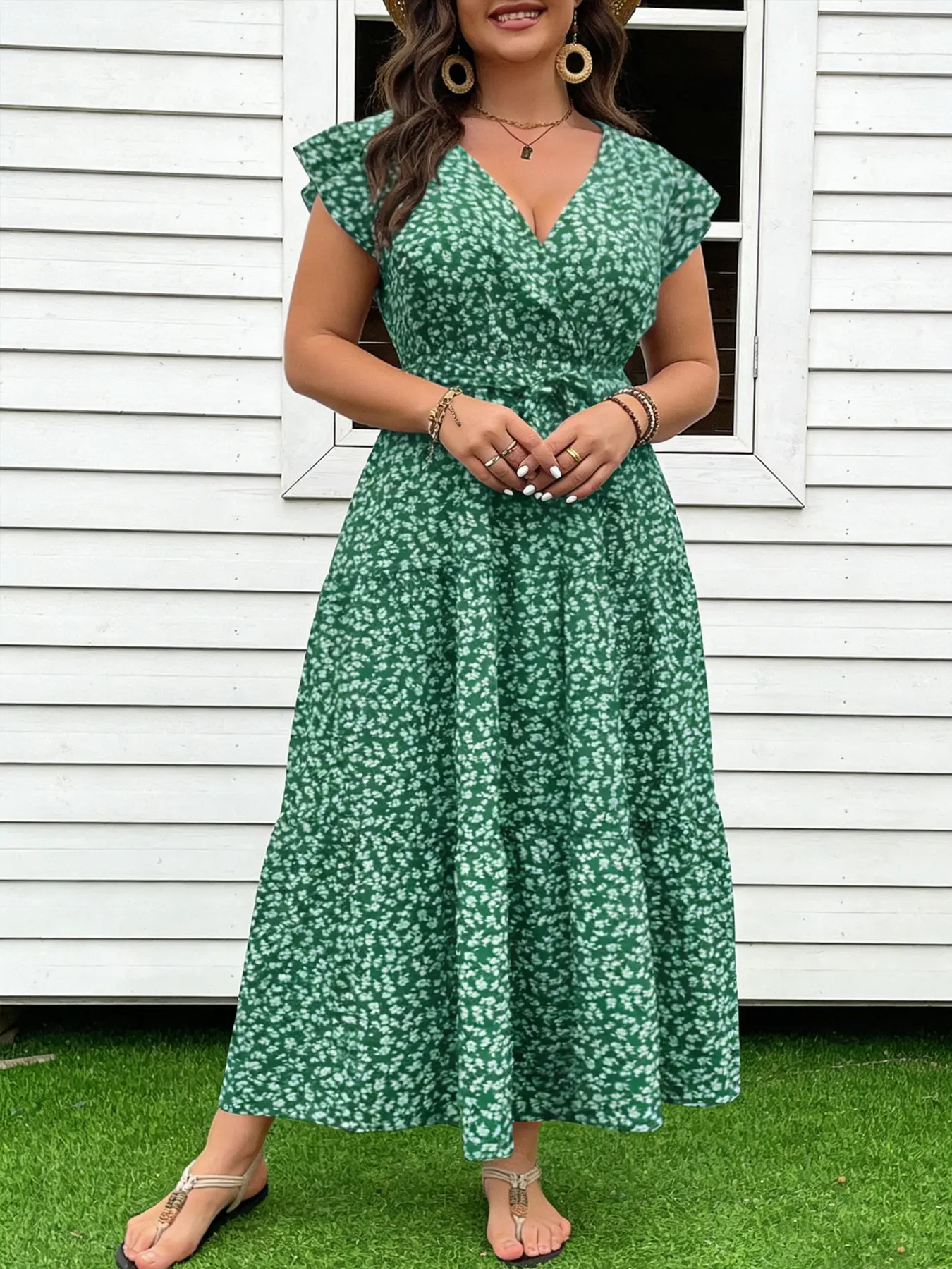 Plus Size Bohemian Dark Green Ditsy Floral Wrap Fitted Midi Dress - Ruffled Cap Sleeve Belted V-Neck Casual Wear Summer Maxi Dress for Women Womenswear - TikTok Shop Plus Size Bohemian Dark Green Ditsy Floral Wrap Fitted Midi Dress - Ruffled Cap Sleeve Belted V-Neck Casual Wear Summer Maxi Dress for Women Womenswear - TikTok Shop