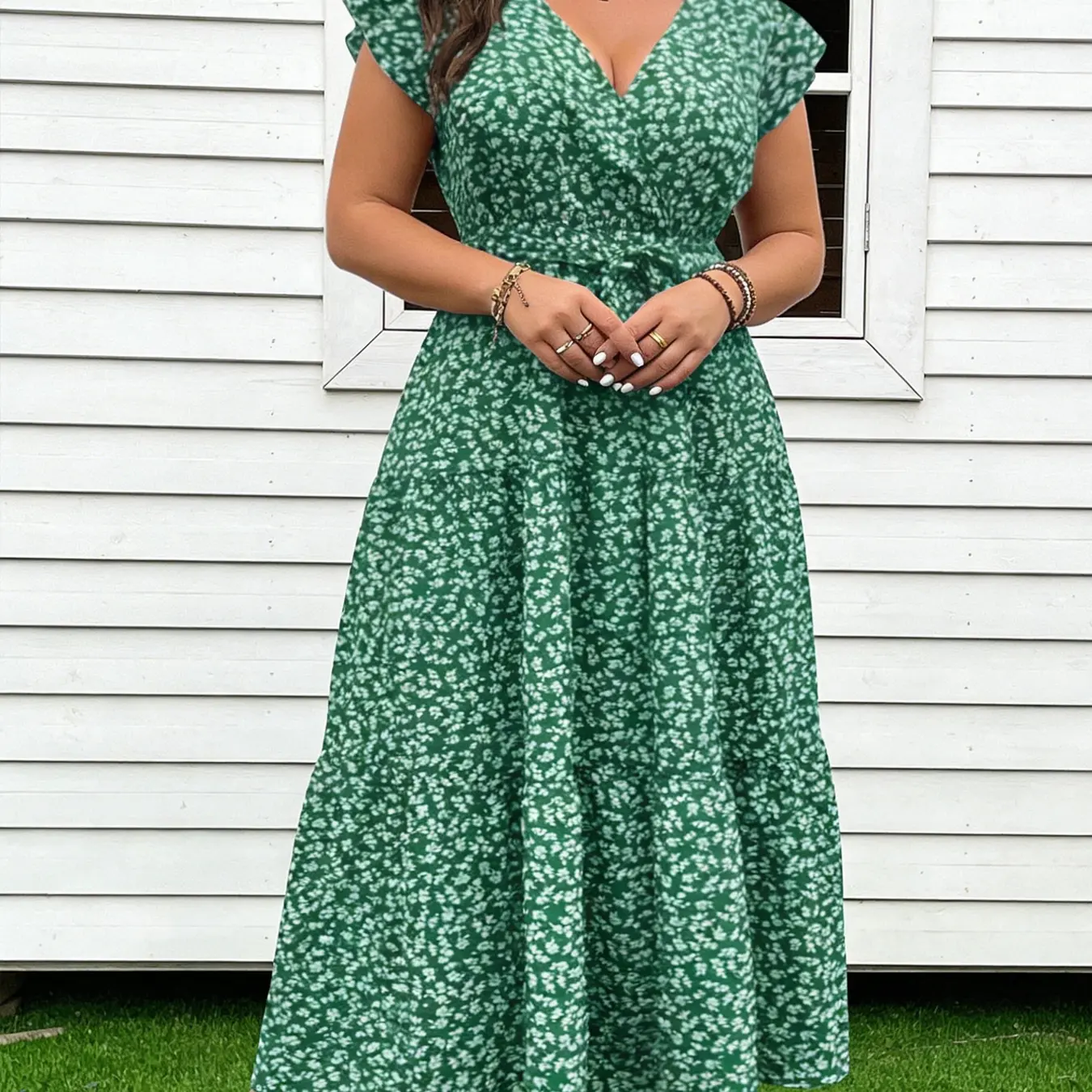 green ditsy floral midi dress Plus Size Bohemian Style Dresses Dark Wrap Fitted womens spaghetti strap tiered