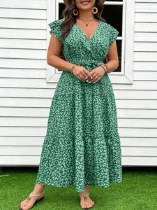 Plus Size Dark Green Ditsy Floral Wrap Fitted Midi Dress - Ruffled Cap Sleeve Belted V-Neck Casual Wear Summer Maxi Dress for Women Womenswear