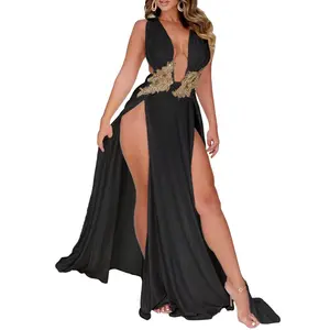 Acelyn Dress Women Sexy Deep V Neck Maxi Dress High Slit Embroidery Long Evening Dress Clubwear rehearsal  dinner  dress Chic Elegant Fit Black Womenswear