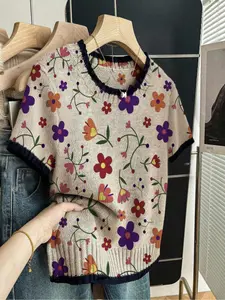 Women's Leaf Print Floral Short Sleeve Round Neck Knit Sweater, Casual Fitted Design, Comfortable & Warm, Perfect for Spring Fall Winter Seasons