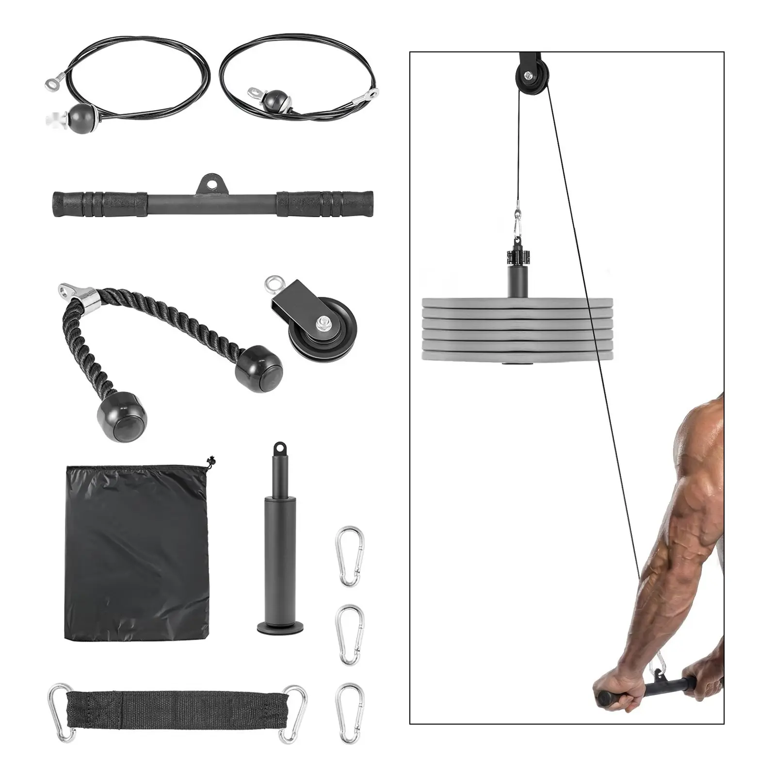 Lat Pulldown and Lift Pulley System for Home Gym, 1 Piece Gym Rack Pulleys Attachment with Dual Grip Handles, Short Bar and Two Steel Cables, Cable Machine for Bicep Shoulder Back Training, Up to 280 lbs Capacity