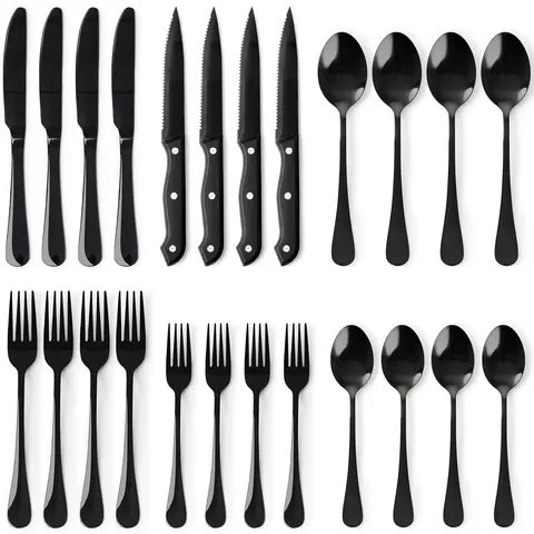 Astercook 24-Piece Stylish Black Silverware Set with Steak Knives - Food-Grade Stainless Steel Everyday Dinner Utensils for 4 Adults, Mirror Finish Tableware, Polished Finish Cutlery, Ergonomic Handle for Home/Party Kitchen