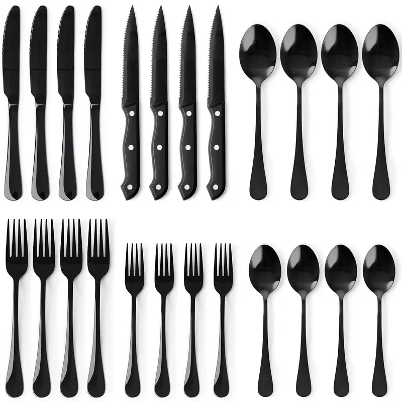 Astercook 24-Piece Stylish Black Silverware Set with Steak Knives - Food-Grade Stainless Steel Everyday Dinner Utensils for 4 Adults, Mirror Finish Tableware, Polished Finish Cutlery, Ergonomic Handle for Home/Party Kitchen