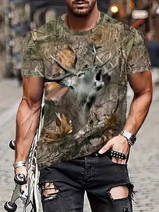 Men's Novelty Short Sleeve Round Neck T-Shirt, Casual Summer Tee, Deer & Forest 3D Graphic Digital Print, Summer Outdoor Wear, Fitted Minimalist Streetwear Classic Style