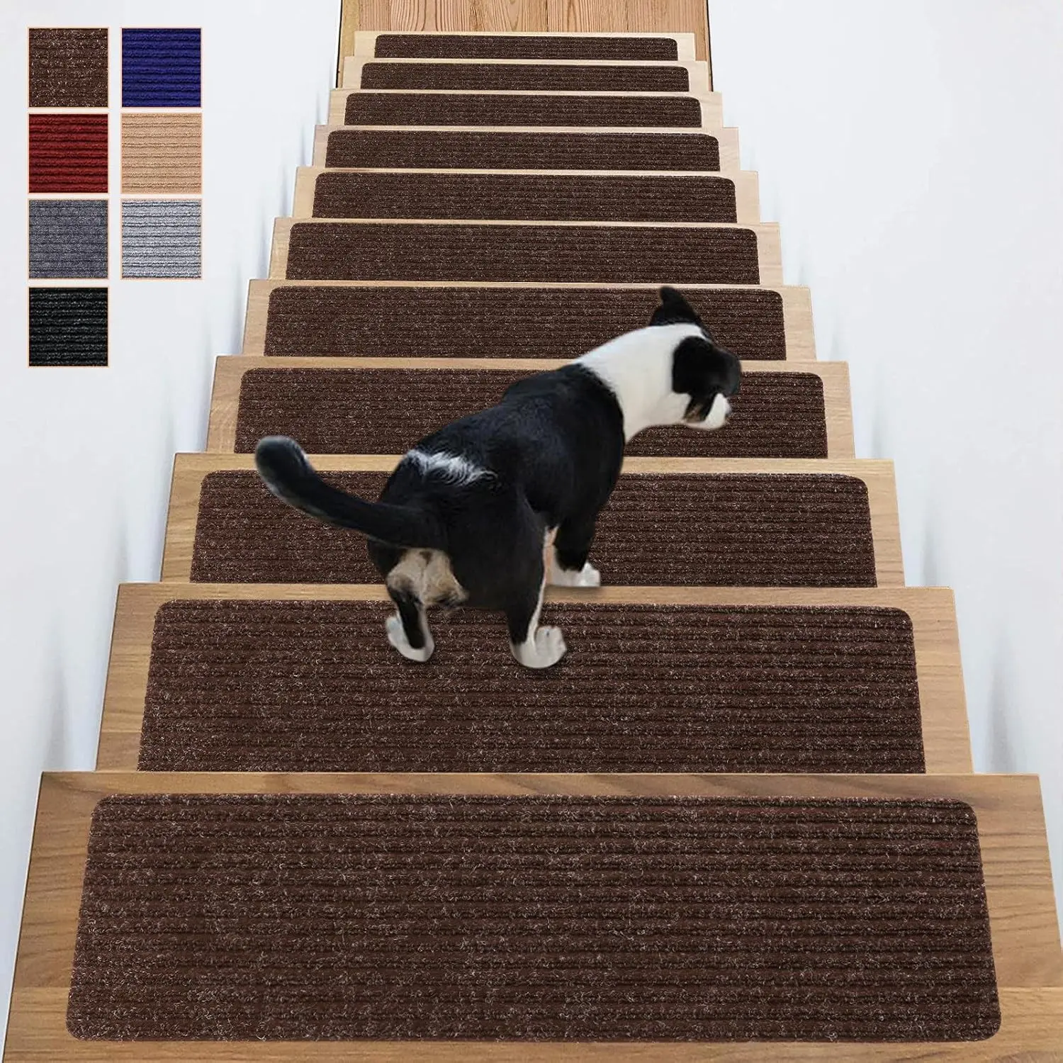 Stair Treads Non-Slip 16 Pack 8"x30" - Carpet Stair Runner for Indoor Wooden Steps with TPE Backing & Anti-Skid Surface,  Adhesive Safety Rug for /Elder/-Friendly - Brown