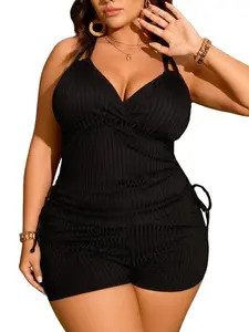 Plus Size Black Ribbed Tankini Set, V-Neck Cross Wrap Tummy Control Two-Piece Swimsuit, Adjustable Criss Cross Back Straps Swimwear for Women Beach Pool