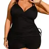 Women's Plus-Size Black Ribbed 2-Piece Tankini Bathing Suit Set - V-Neck Cross Wrap, Tummy Control, Adjustable Criss Cross Back Straps, 80% Polyester, Slimming Visual Effect, 2XL-3XL for Beach, Pool