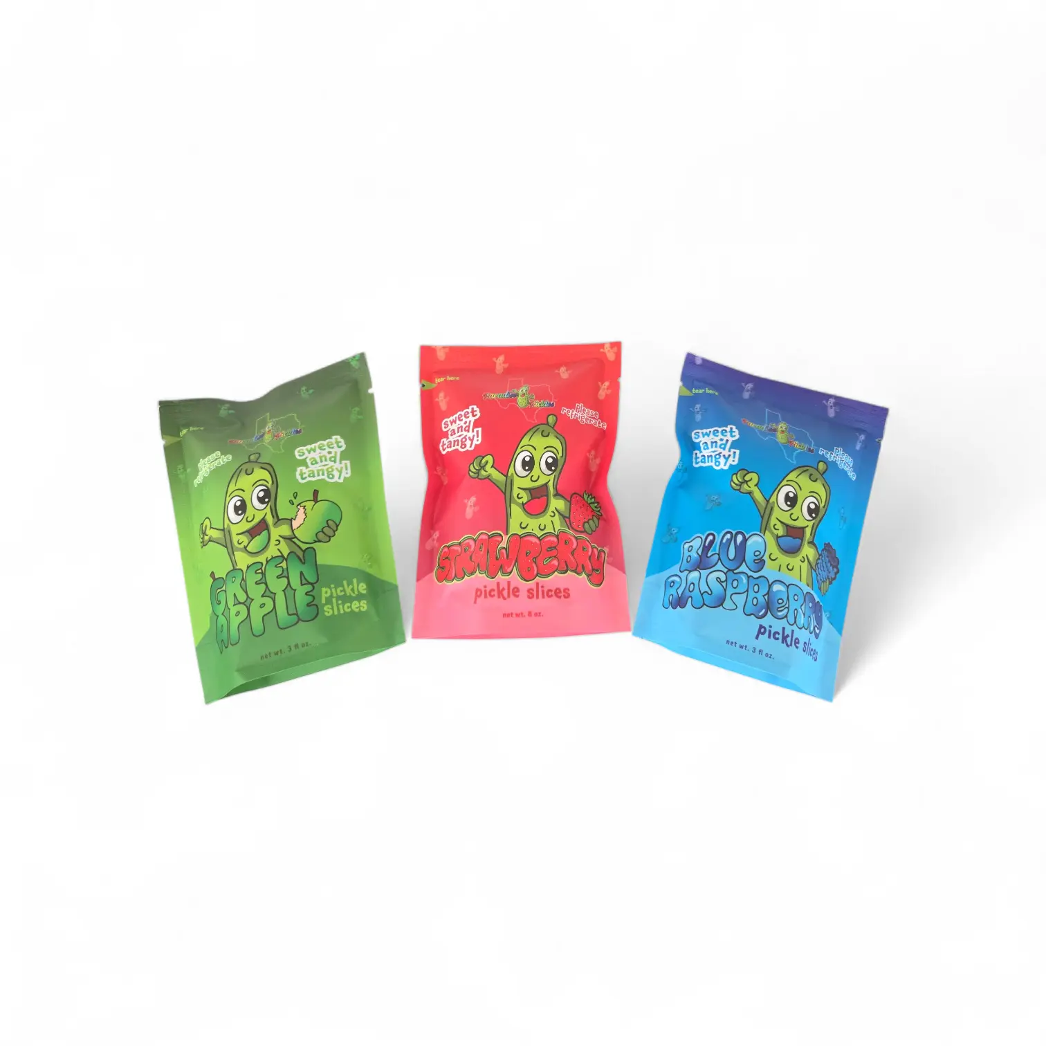 Snack Pack featuring Strawberry, Blue Raspberry & Green Apple 3 Pack Crunchy Crispy Sweet Tangy Pickle Snacks