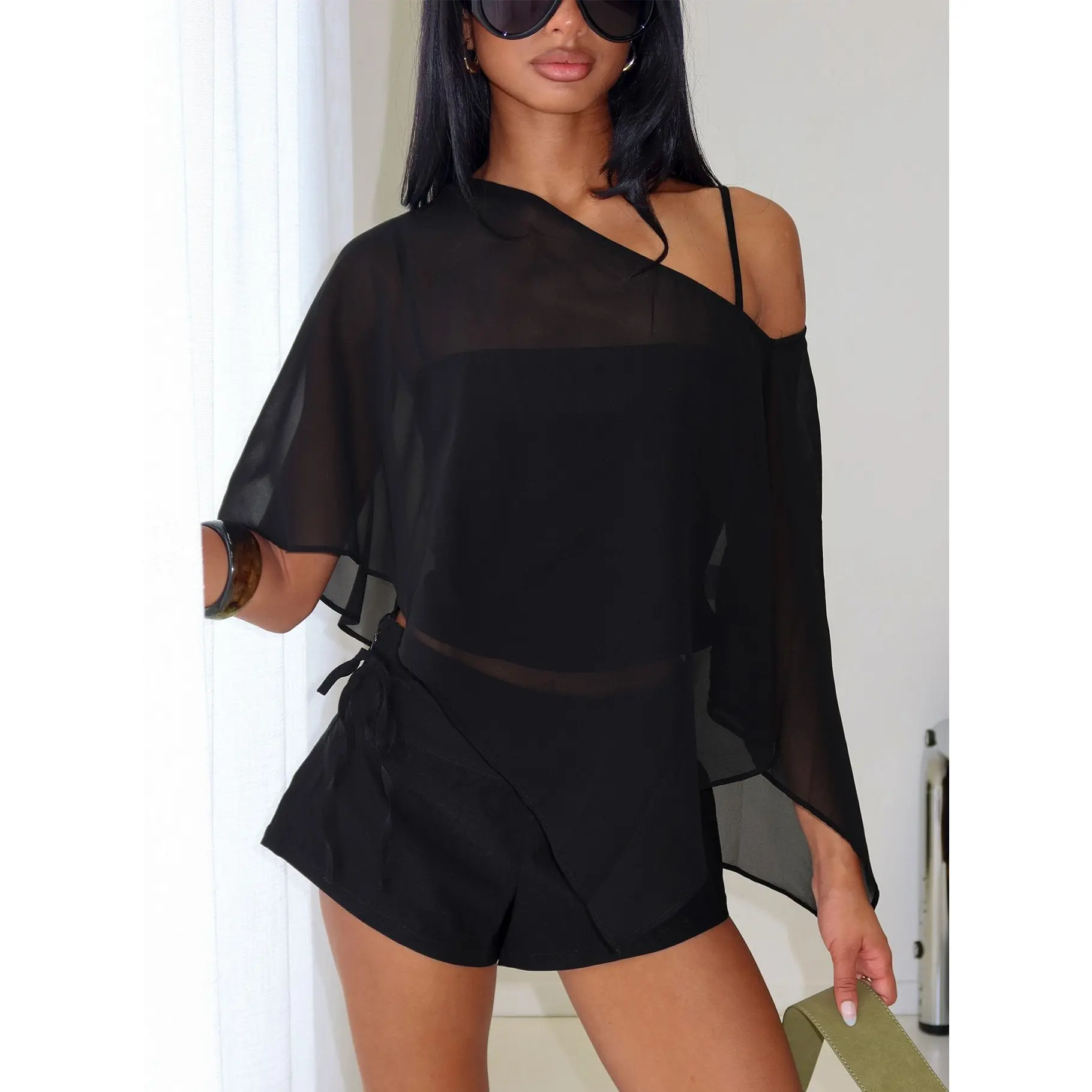 Senzo Chiffon Poncho Top Black