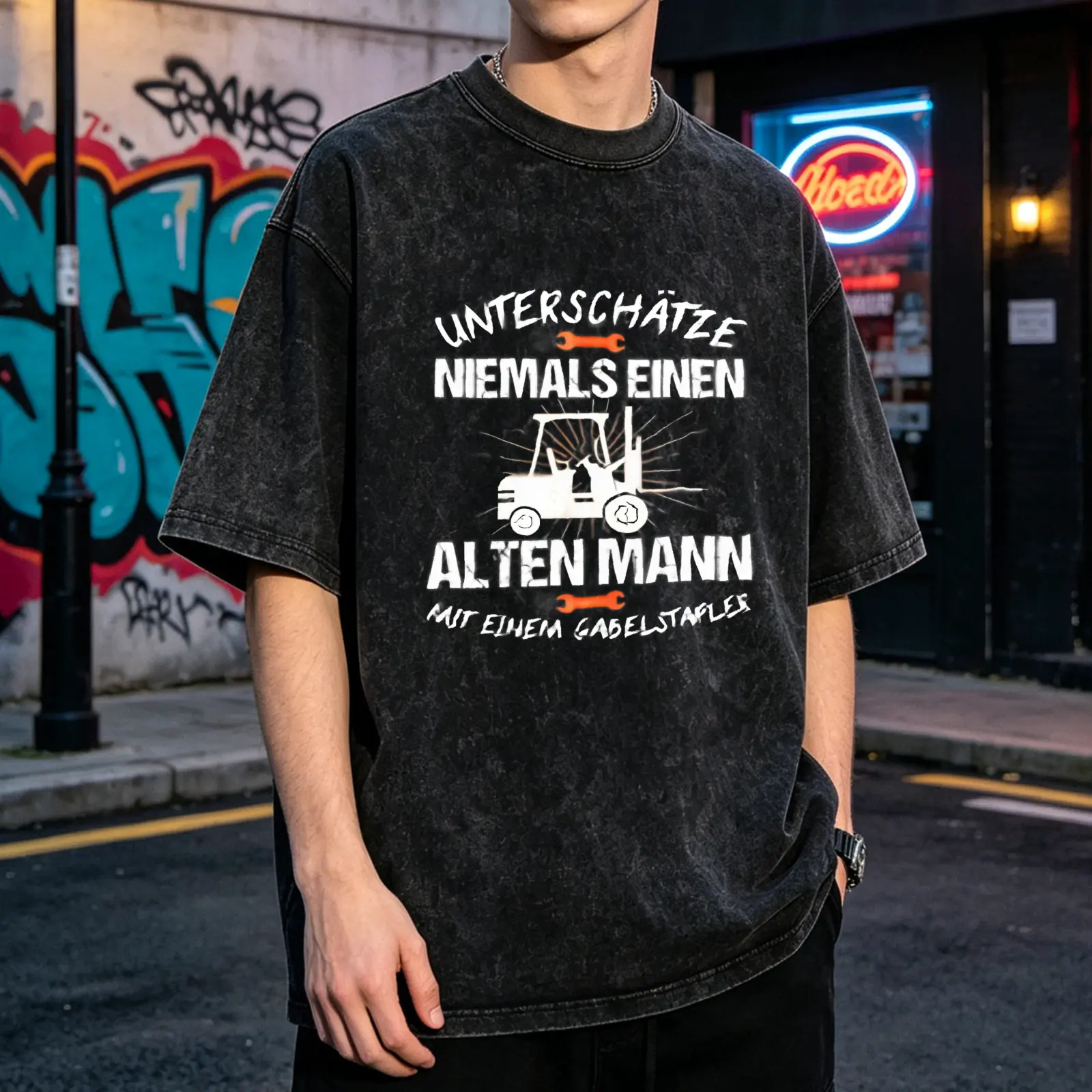 Never Underestimate An Old Man With A Forklift Men's Vintage Washed T-Shirt Never underestimate an old man with a forklift Oversized Graphic Tee Outdoor Casual Short Sleeve