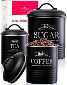Matte Black Kitchen Canisters for Countertop - Set of 3 - Airtight Coffee  Sugar Container Set - Country Rustic Farmhouse Canisters Sets for the Kitchen
